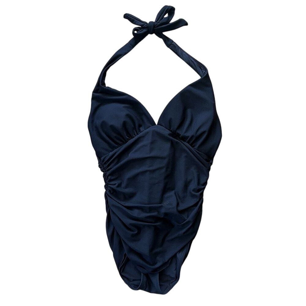 NWT Popilush Shapewear Ruched Halter Sculpting One-Piece Black Swimsuit Medium